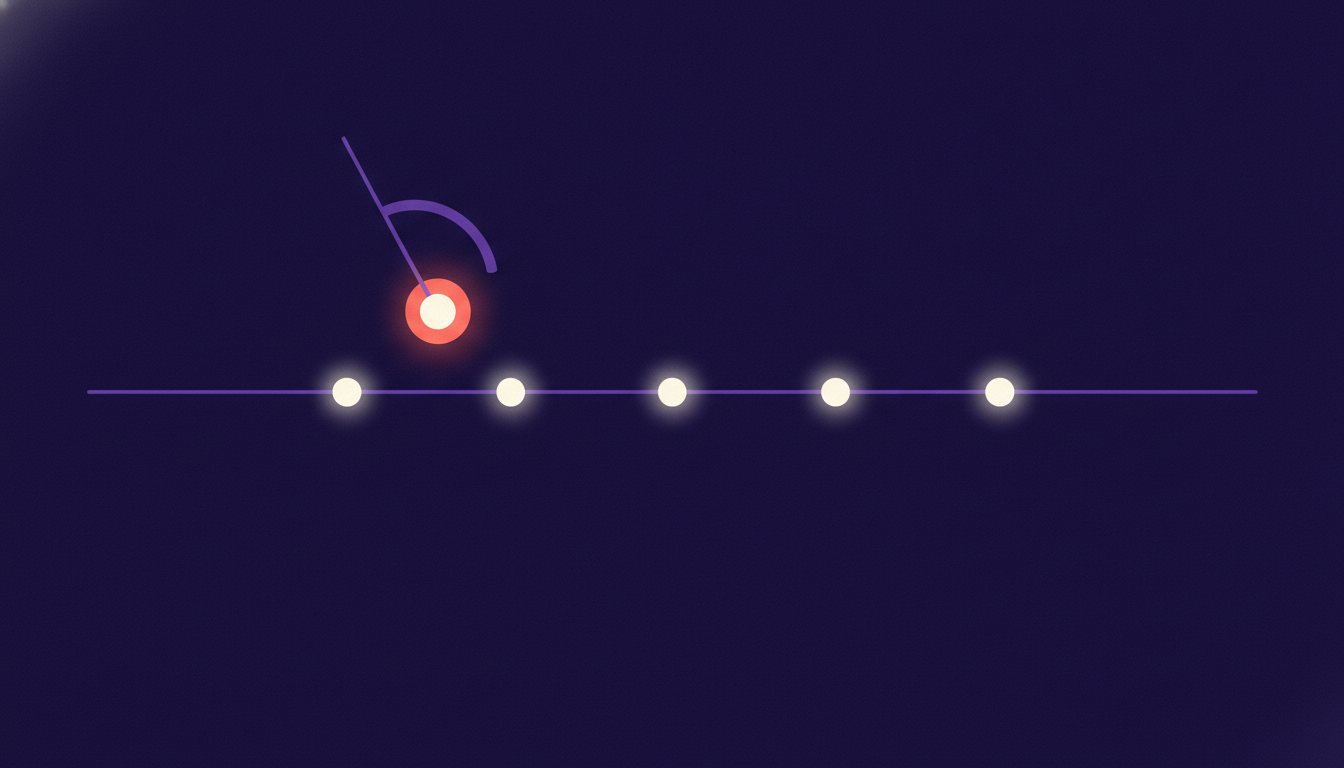 Una fila de puntos luminosos espaciados por igual sobre una línea, con un péndulo encima que marca un ritmo tranquilo y constante