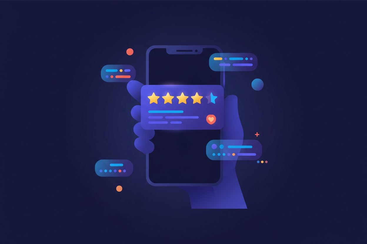 Un móvil mostrando una reseña con cinco estrellas