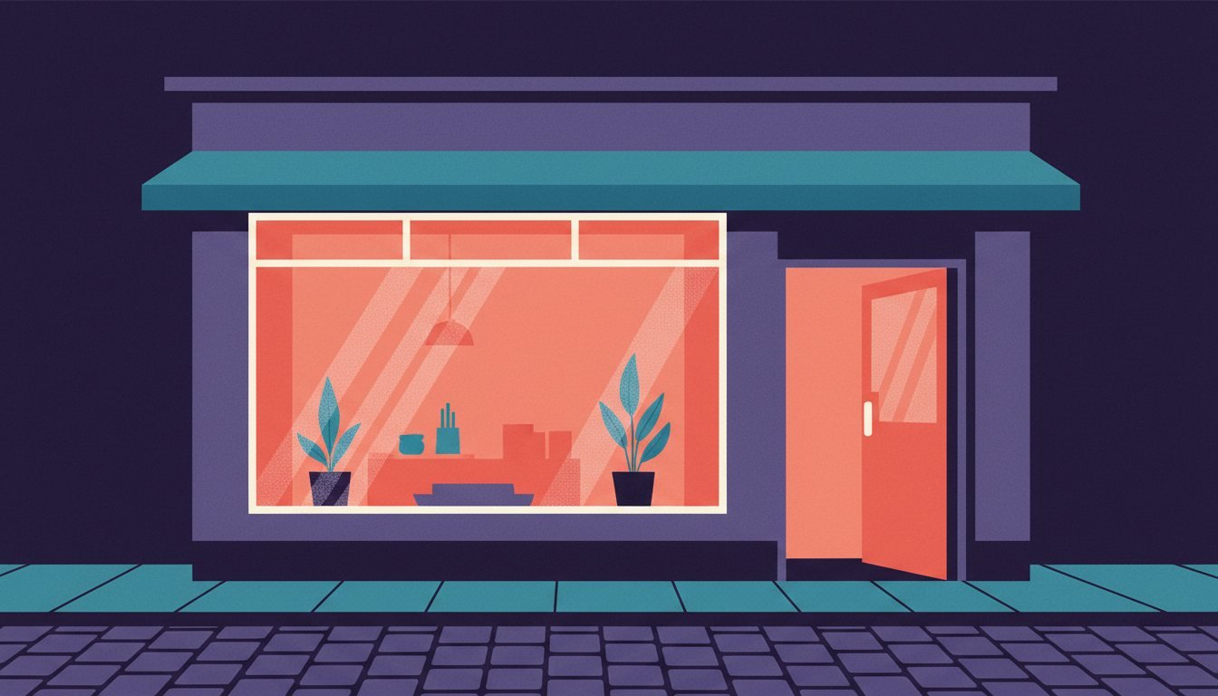 El escaparate de un negocio local iluminado al atardecer, cálido y acogedor