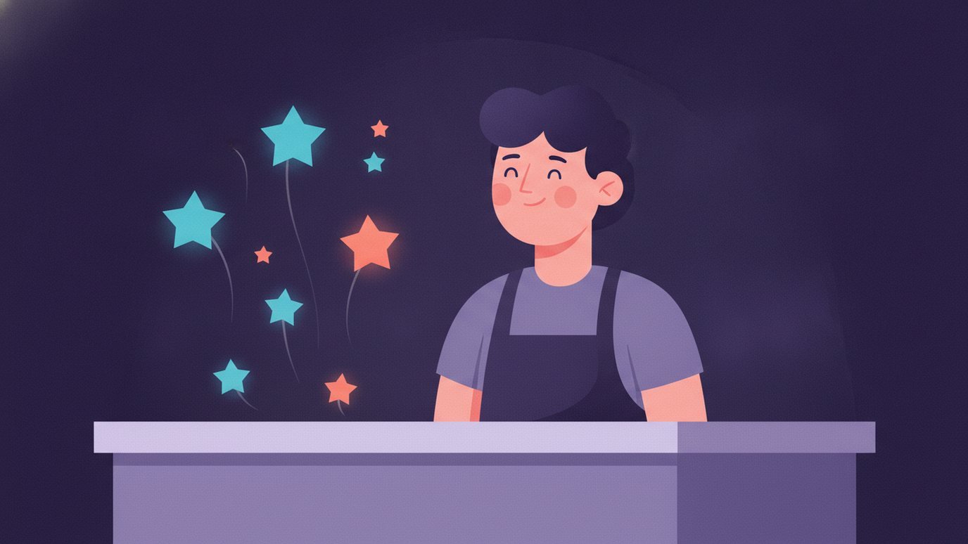 El dueño de un negocio local sonríe mientras unas estrellas luminosas suben desde el mostrador