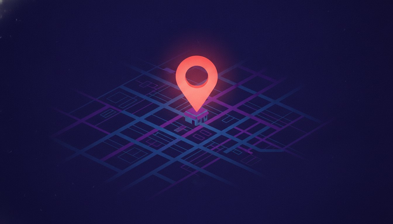Un mapa nocturno de una ciudad con una chincheta brillante sobre un pequeño negocio