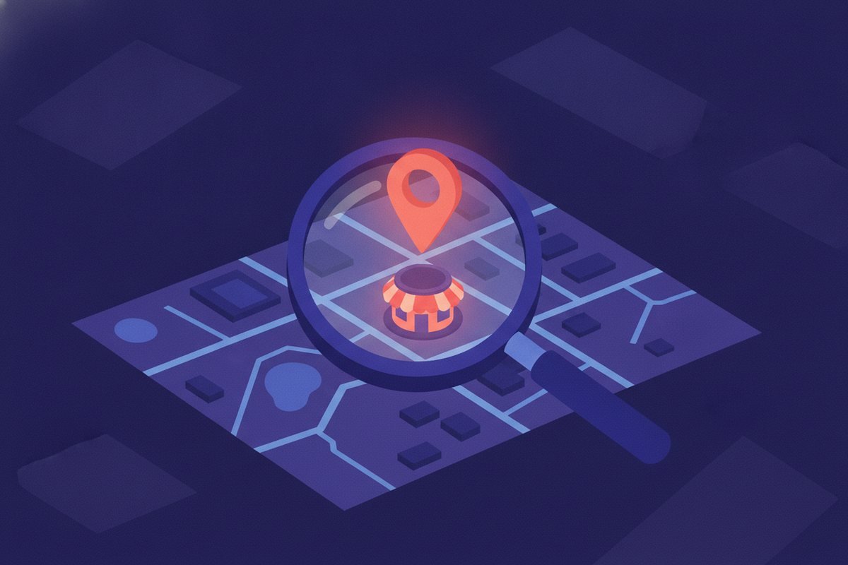 Una lupa sobre un mapa encuentra un pequeño negocio local iluminado