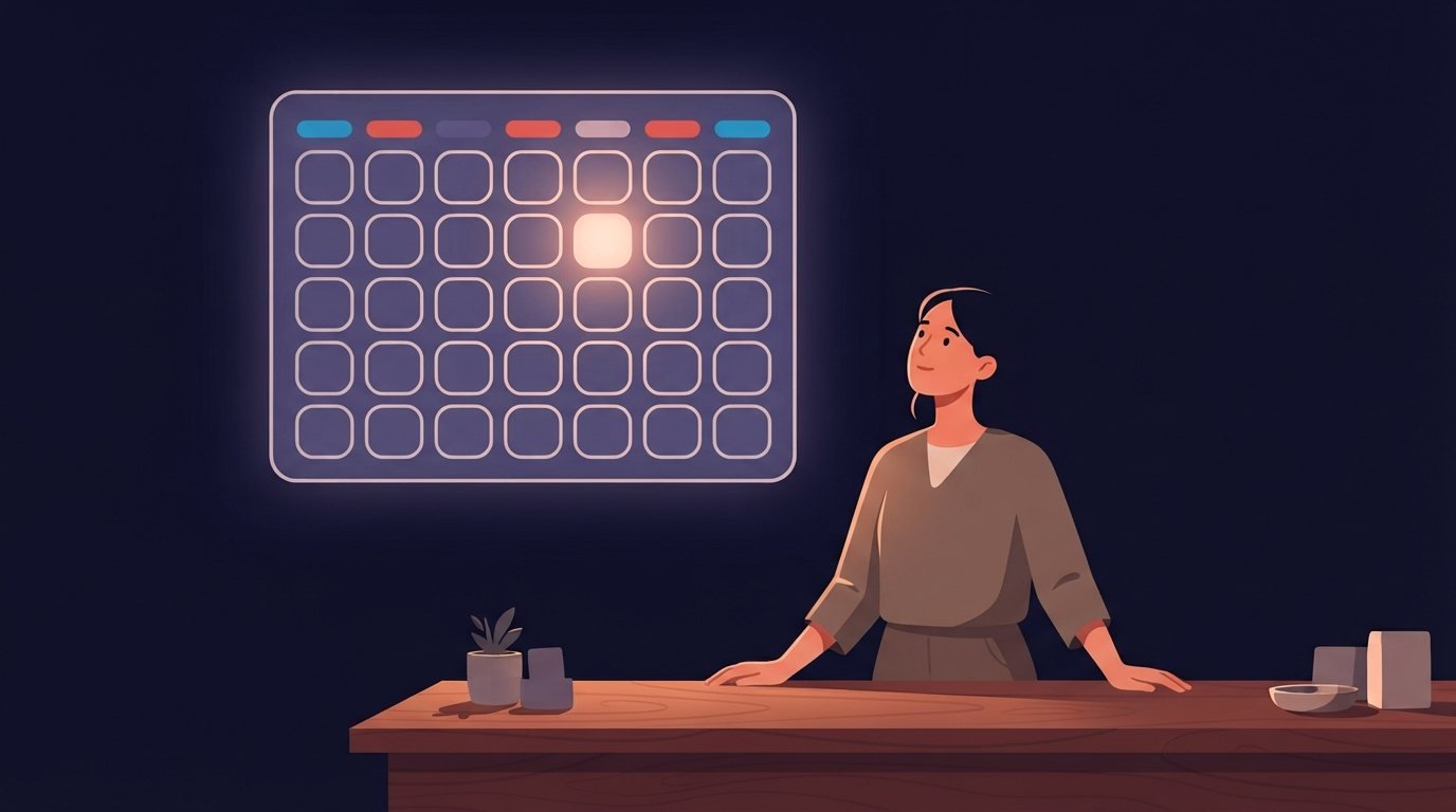La dueña de un negocio local mira un calendario iluminado con un solo día señalado