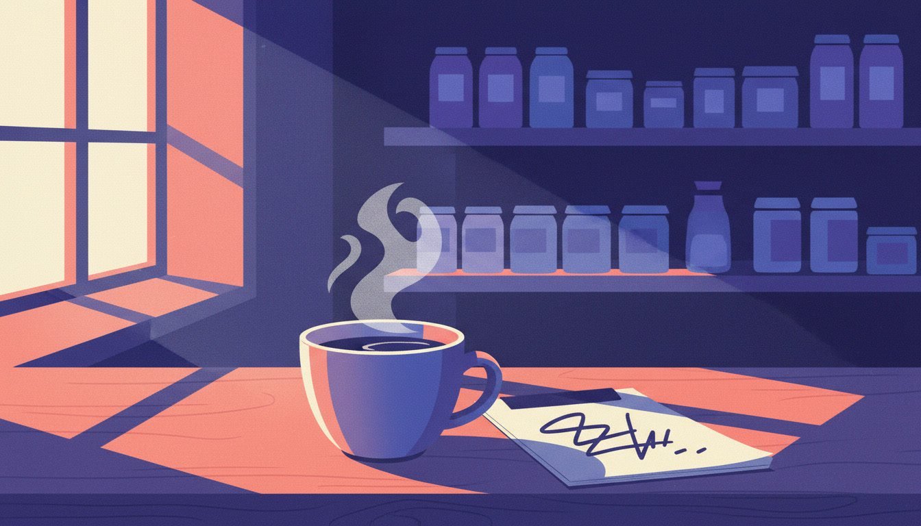 El mostrador de un negocio de barrio al amanecer con un café y una libreta