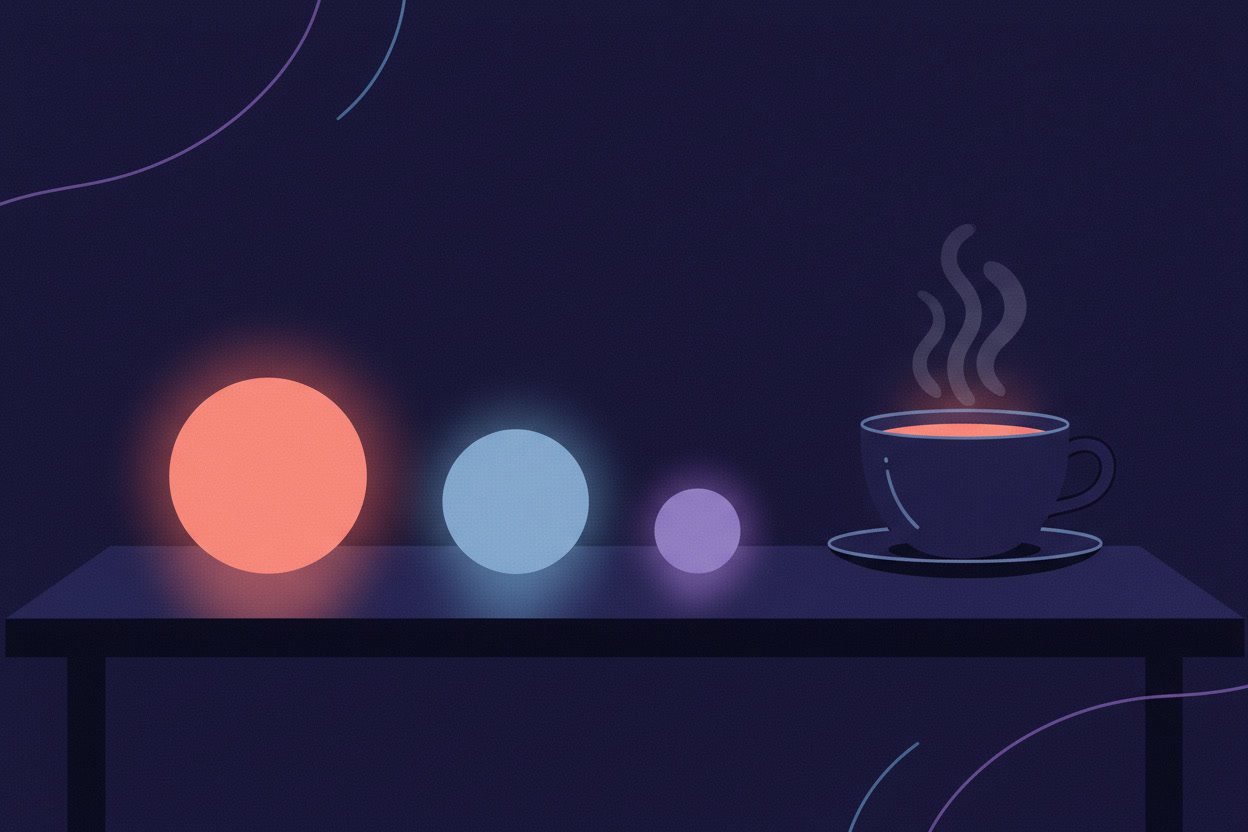Tres pequeñas luces en fila sobre una mesa, como tres cosas que mirar de un vistazo