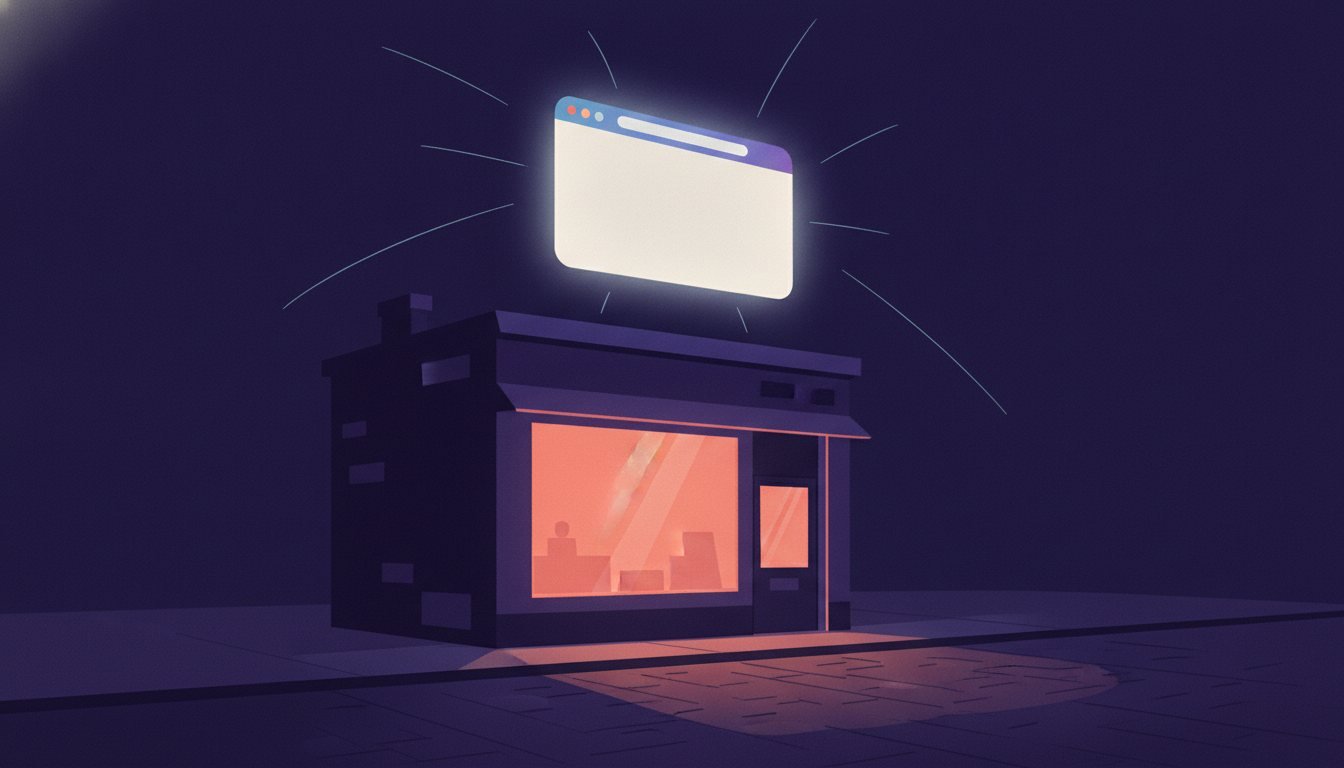 La tienda de un negocio local de noche con una ventana de navegador encendida flotando encima