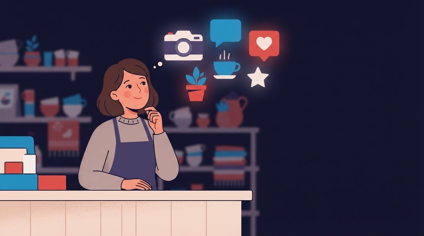 La dueña de una tienda de barrio piensa qué subir a las redes, con pequeñas ideas flotando sobre ella