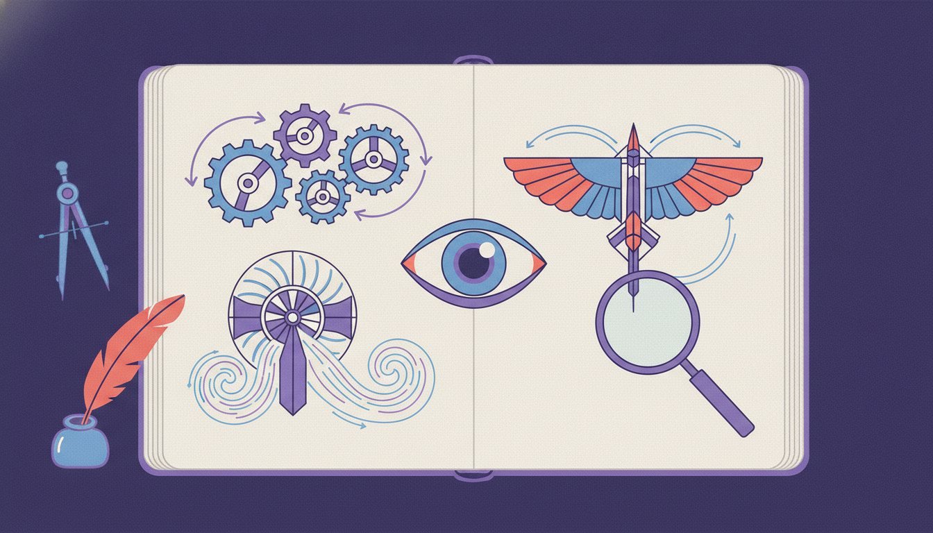 Un cuaderno de inventor abierto, lleno de bocetos de engranajes, agua, un ala y un ojo