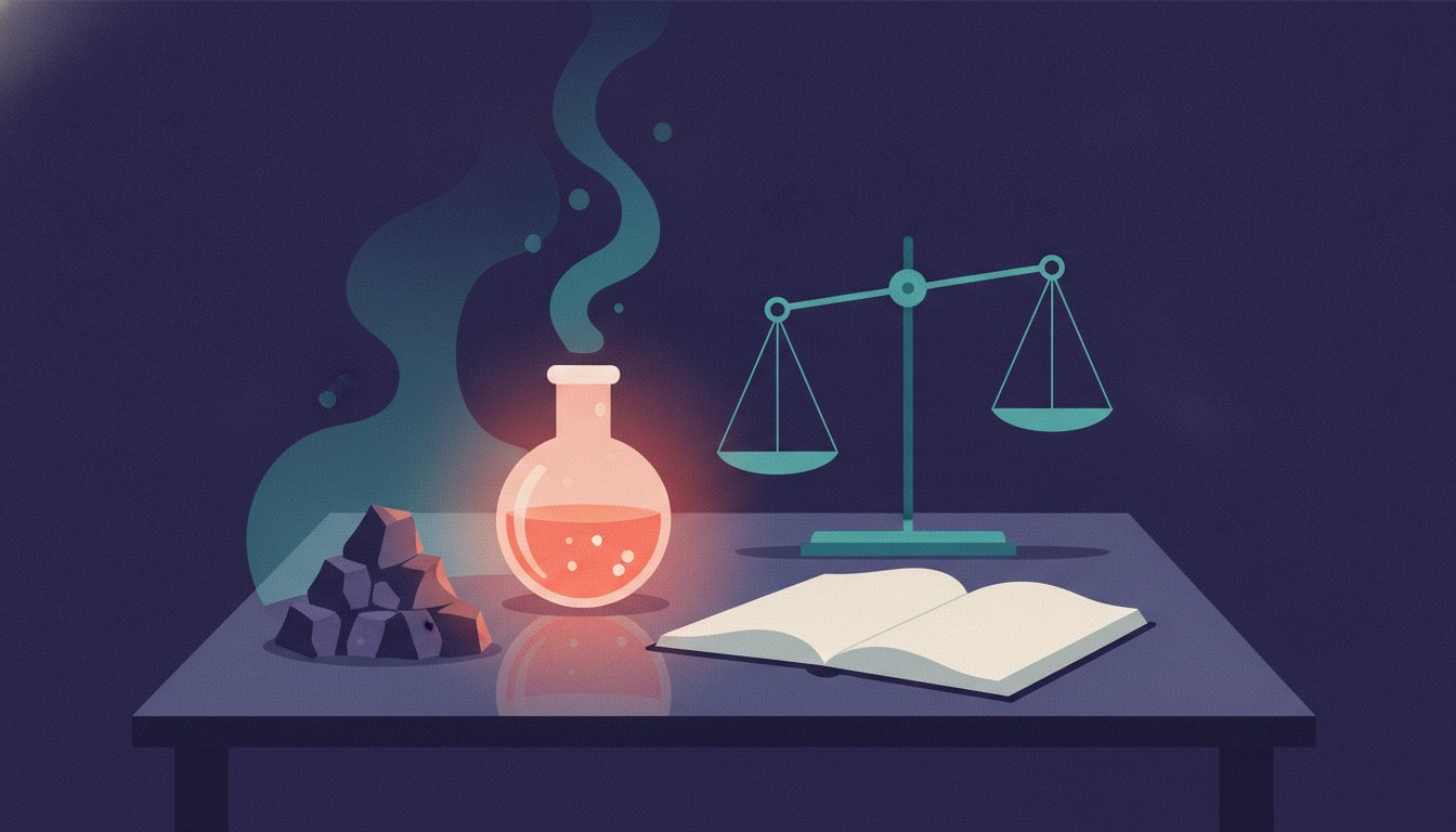 Un banco de laboratorio de noche con un matraz que brilla, un montón de mineral, una libreta y una balanza