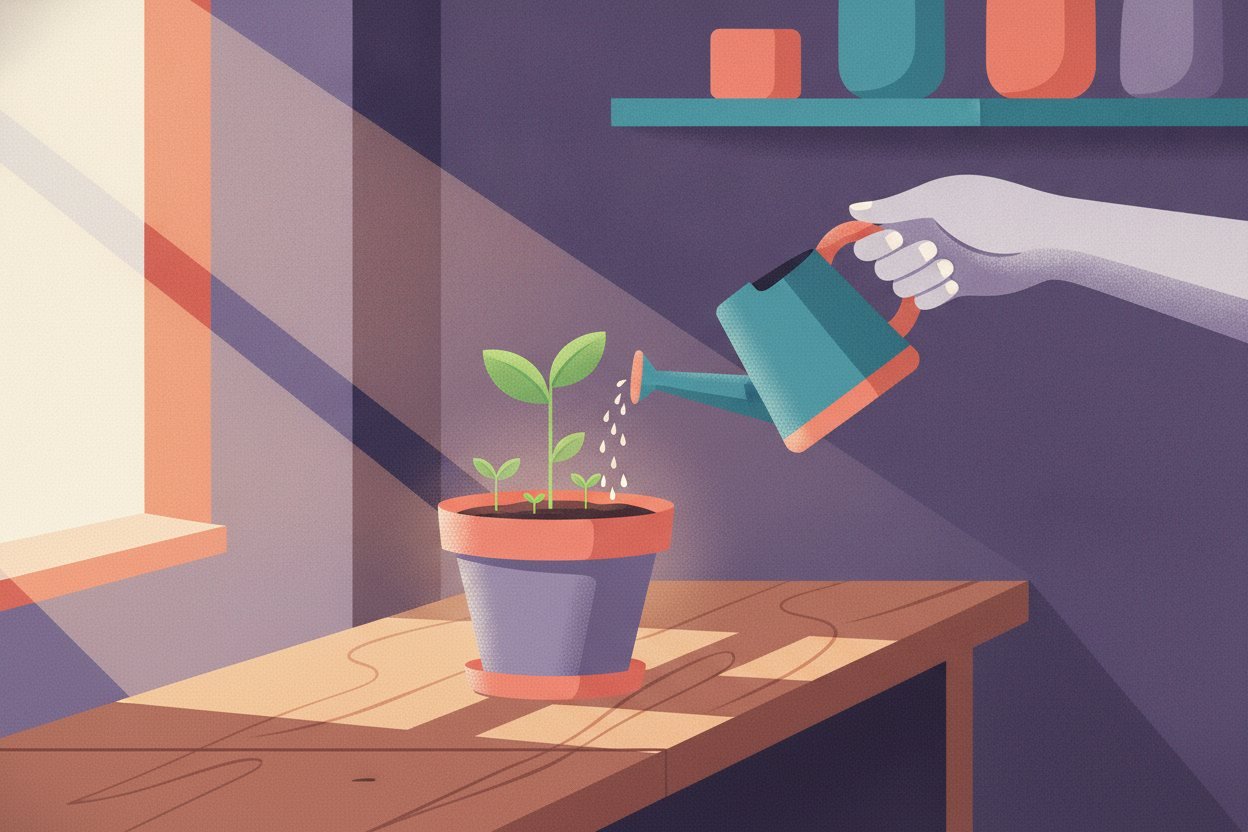 Una mano riega cada día una pequeña planta que crece en el mostrador de un negocio