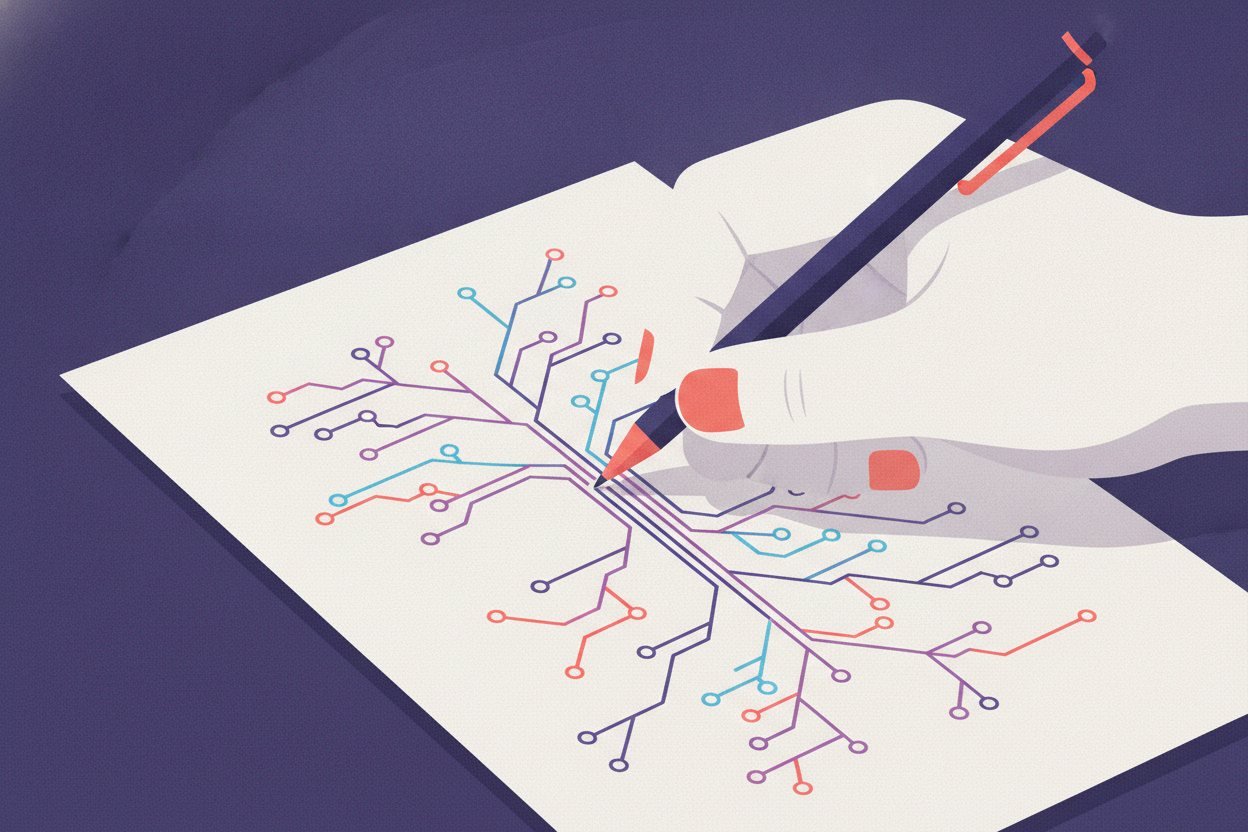 Una mano dibuja a mano, con precisión, una estructura fina y ramificada sobre papel